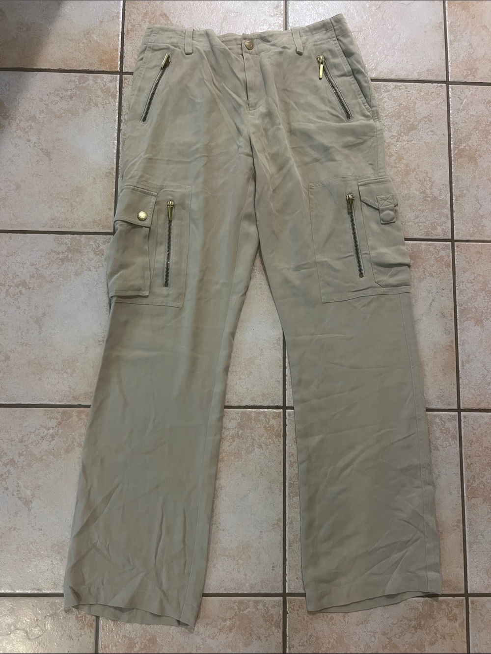 Vintage LRL 100% SILK Tan Khaki Cargo Pants with Zipper Pockets, Sz 6